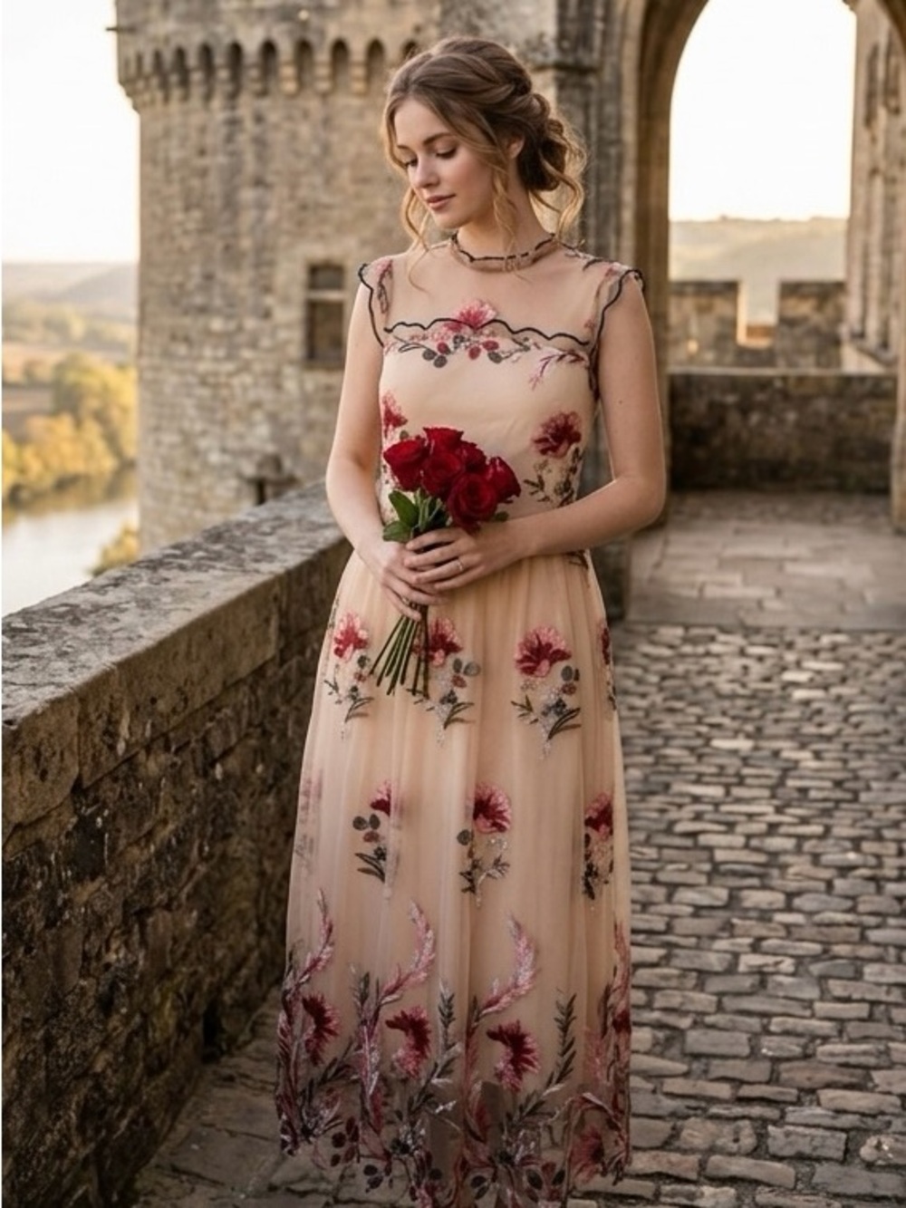 Imperial - Romantic Floral Embroidered Sheer Midi Dress in Beige and Pink